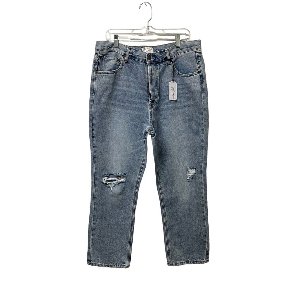 NWT Twelve On Twelfth High Rise Straight Leg Button Fly Distressed Jeans 34x26